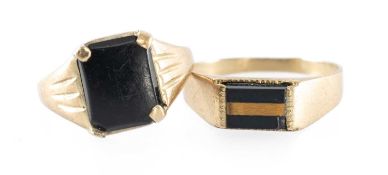 9CT GOLD & BLACK ONYX SIGNET RING, London 1964, size N, 2.7g; and a further 9ct gold and onyx signet