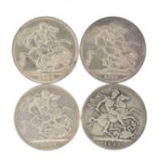 FOUR VICTORIAN CROWNS, 1888, 1889, 1892 & 1899, various conditions (4) Provenance: deceased estate