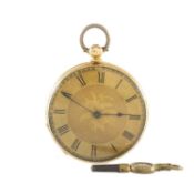 18CT GOLD OPEN-FACED FOB WATCH, c. 1900, gold coloured dial with matted centred with foliate