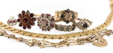 9CT GOLD JEWELLERY comprising five 9ct gold gem-set rings and a pendant, variously set with garnets,