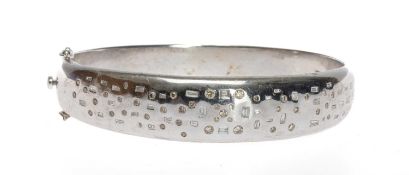 SILVER & DIAMOND HINGED BANGLE, cuff size 60mms (diam.) 48g, approx. 1ct total diamonds, with case