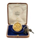VICTORIAN 18CT GOLD SWISS KEY-WIND FOB WATCH, Xavier Ganz, Swansea, London 1892, gold Arabic dial