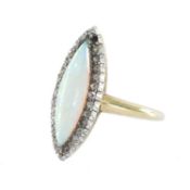 OPAL & DIAMOND MARQUISE CLUSTER RING, the cabochon opal approx. 18 x 5mms, bordered with tiny