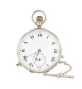 SWISS SILVER OPEN-FACED POCKET WATCH, 55mms (diam.), on a graduated curb-link watch albert with T-