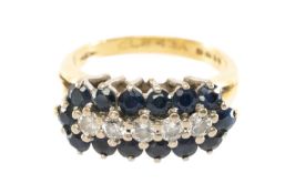18CT GOLD THREE-ROW SAPPHIRE & DIAMOND CLUSTER RING, size N, 5.9g in Midas Touch of Swansea ring box
