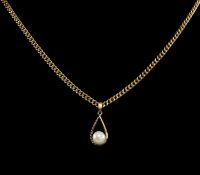 9CT GOLD CULTURED PEARL PENDANT NECKLACE, 22mms, the curb-link necklace 76cms (l), gross weight