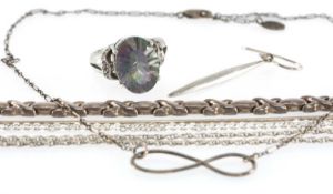 STERLING SILVER CROSS-LINK NECKLACE, 41cms (l); silver snake-link necklace, 45cms (l); three further