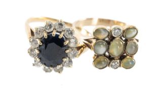 TWO YELLOW METAL RINGS comprising nine-stone cat's eye chrysoberyl and diamond cluster ring,