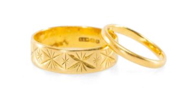 TWO 22CT GOLD WEDDING BANDS, engraved and plain, sizes K & V, 8.7g gross (2) Provenance: private