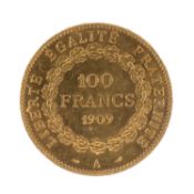 FRANCE, THIRD REPUBLIC 100 FRANCS, 1909, Paris Mint, 0.900 fine gold, 32.3g Provenance: deceased