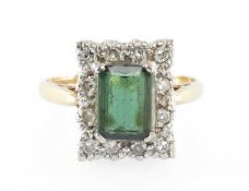 GREEN TOURMALINE & DIAMOND CLUSTER RING, the central tourmaline approx. 8 x 6mms, bordered with tiny