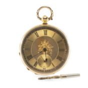 19TH C. SWISS GOLD KEY-WIND FOB WATCH, presumed 18ct gold, gold Roman dial with subsid. secs dial,