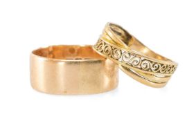 TWO 9CT GOLD RINGS comprising wide plain wedding band and scroll pierced example, 5.3g gross (2)