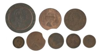 GEORGE III CARTWHEEL TUPPENNY, 1797; 1967 clipped one penny and a clipped two pence; George V one