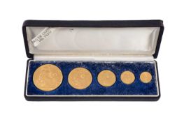 PERU, FIVE GOLD COINS SET, 1966, comprising 100 soles Lima gold coin 0.900, 50 soles, 20, 10 and 5
