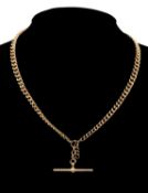 9CT GOLD ALBERT WATCH CHAIN, graduated curb link with T-bar, 42.5cms long, stamped '375', 30.6g