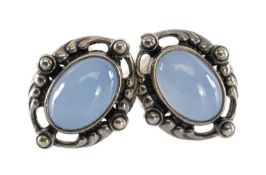 PAIR OF GEORG JENSEN SILVER CABOCHON MOONSTONE CLIP EARRINGS, stamped '925S' & '2018', in Georg