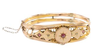 VICTORIAN 9CT GOLD DIAMOND & RUBY BANGLE, 10.6g Provenance: private collection Ceredigion, by family