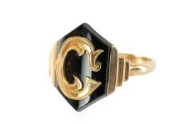 9CT GOLD & ONYX MOURNING RING, with applied letter 'C', size Q, 3.4g Provenance: private