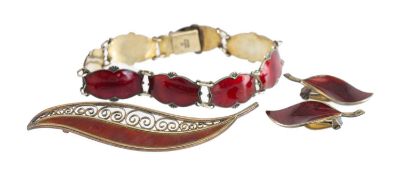 VINTAGE IVAR HOLTH (NORWEGIAN) 830 STANDARD SILVER & RED ENAMELLED BRACELET, 17.5cms (l); a pair