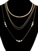 FOUR 9CT GOLD CHAINS, including an Italian three-colour gold plaited necklace, a Japanese freshwater