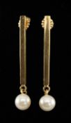 PAIR OF 18CT GOLD & CULTURED PEARL PENDANT EARRINGS, each with a 7mms (diam.) pearl suspended from a