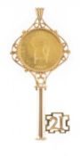 COMING OF AGE KEY FORM PENDANT in 9ct gold, centred with a Kenyan Mzee Jomo Kenyatta, Father of