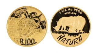 TWO SOUTH AFRICA NATURA SERIES GOLD COINS, 1995 and 2014, each 1oz fine gold Provenance: deceased