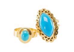 TWO YELLOW METAL TURQUOISE-SET RINGS, comprising oval cabochon and marquise cabochon, 11.5g gross (
