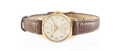 LADIES' VINTAGE CAUNY 18CT GOLD WRISTWATCH, 18mms dial with Arabic numerals and subsidiary