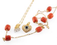 YELLOW METAL JEWELLERY comprising coral necklace, three-stone diamond pendant on chain, and an Adler