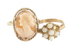 OPAL CLUSTER RING IN 9CT GOLD (one stone deficient), size K, 2g; and a 9ct gold cameo dress ring (