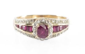 RUBY & DIAMOND CLUSTER RING in 9ct gold, set with an oval-cut ruby of approx. 0.25cts, flanked by