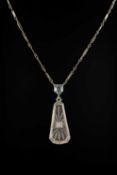 14K WHITE GOLD AQUAMARINE PENDANT ON CHAIN, the hexagonal aquamarine above tapering crystal