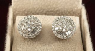 PAIR OF 18CT WHITE GOLD DIAMOND CLUSTER TARGET EARRINGS, round and baguette-cut stones, 3.2g gross