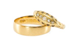 TWO 18CT GOLD RINGS, comprising wedding band and white sapphire five-stone ring, total wt. approx.