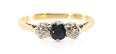 18CT GOLD THREE-STONE SAPPHIRE & DIAMOND CHIP RING, ring size N 1/2, 2.7g Provenance: private