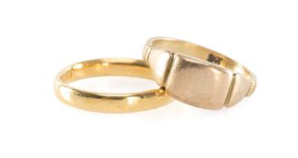 22CT GOLD WEDDING RING, size L, 3.1g; and a 9ct gold uninscribed signet ring, size J, 2.8g (2)