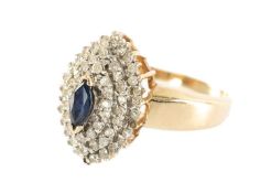 YELLOW METAL DIAMOND & SAPPHIRE CLUSTER RING, marquise shape, size S, stamped '14K', 5.0g, in ring