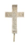 ANTIQUE WHITE METAL RELIQUARY CRUCIFIX, engraved with initials 'MA' and 'IHS' along with motifs