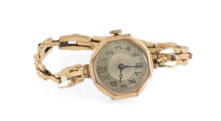 9CT GOLD LADIES' VINTAGE WRISTWATCH, circular dial with Arabic numerals in octagonal case, on 9ct