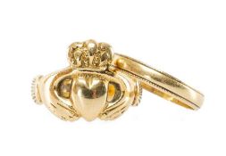 9CT GOLD IRISH CLADDAGH RING & WEDDING BAND, ring sizes L & O respectively, 8.2g (2) Provenance: