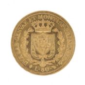 ITALY, SARDINIA, CARLO FELICE 80 LIRE GOLD COIN, 1824, Turin Mint, 25.77g Provenance: deceased