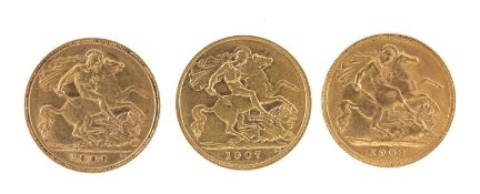 EDWARD VII HALF SOVEREIGNS, 1903, 1906 & 1907, 11.92g gross Provenance: deceased estate Gwynedd