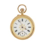 SWISS 18CT GOLD OPEN-FACED FOB WATCH, c. 1900-1910, finely engraved case with foliate scrolls,