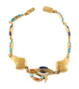 YELLOW METAL EGYPTIAN EYE OF HORUS BRACELET, inset with coral, turquoise, lapis lazuli, mother of