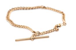 9CT GOLD GRADUATED CURB LINK ALBERT, with T-bar and lobster claw clasp, 33cms, 21.0g Provenance: