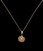 18CT GOLD DIAMOND & RUBY FLORAL PENDANT, on 9k gold fine chain, 6.8g in J. J. Rudell of