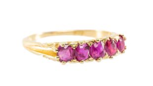 18CT GOLD FIVE-STONE RUBY RING, ring size N, 2.9g, in Howards ring box Provenance: private
