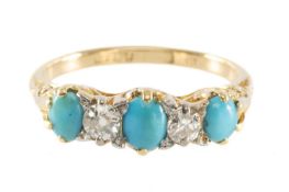 18CT GOLD RING set with three oval cabochon turquoise spaced by two old cut diamonds, size N, 3.4g